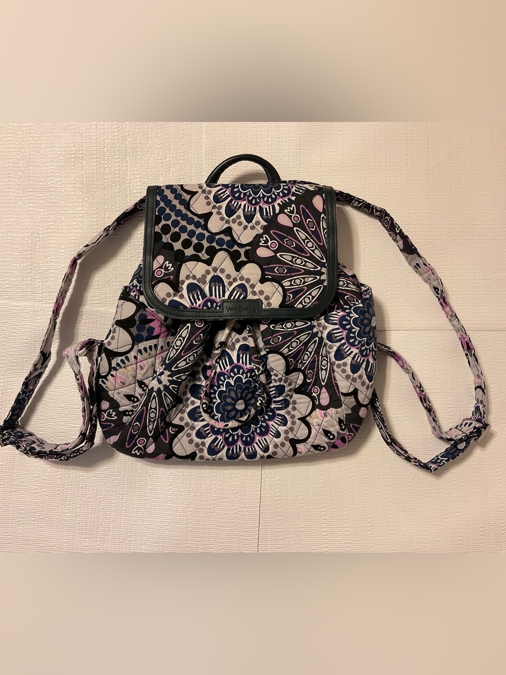 Vera Bradley Quilted Floral Drawstring Backpack in Gray, Navy & Light Pink